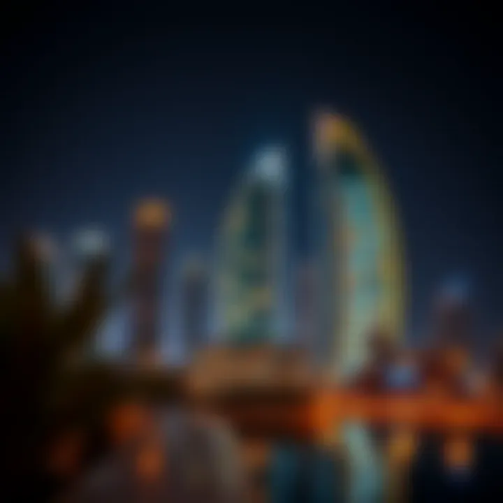 Night view of the Al Hudaiba Awards Building illuminated against the Dubai skyline