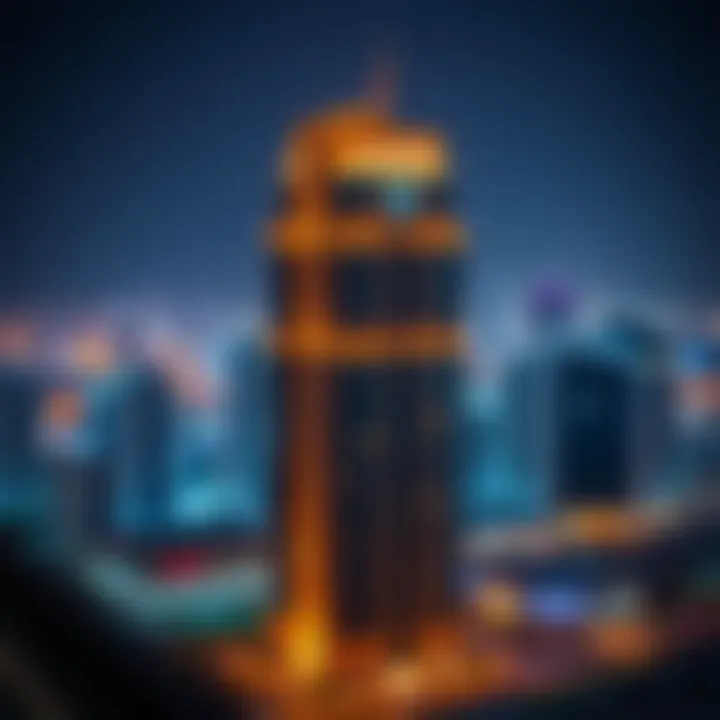 Night view of Al Khan Building illuminating Dubai's skyline