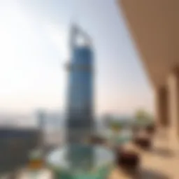 A panoramic view of Al Meraikhi Tower against the Dubai skyline, showcasing its architectural elegance.