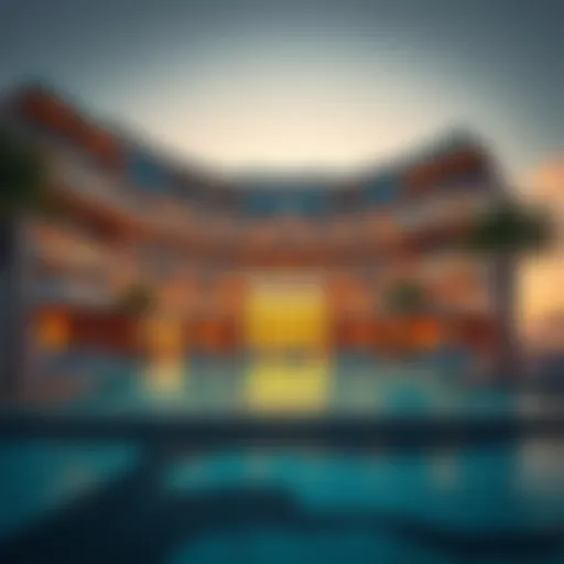 Stunning view of Azizi Mina's architectural design against the sunset