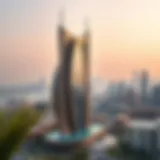 Panoramic view of Bahwan Tower Al Nahda showcasing its unique architectural design against the Dubai skyline
