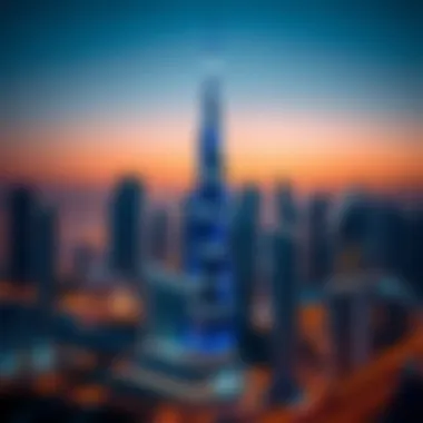 Blue Tower in the Evening Skyline Evening skyline of Business Bay featuring the illuminated Blue Tower