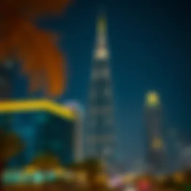 Nighttime Illumination of Burj Royale Downtown Nighttime view of Burj Royale illuminated against the city backdrop