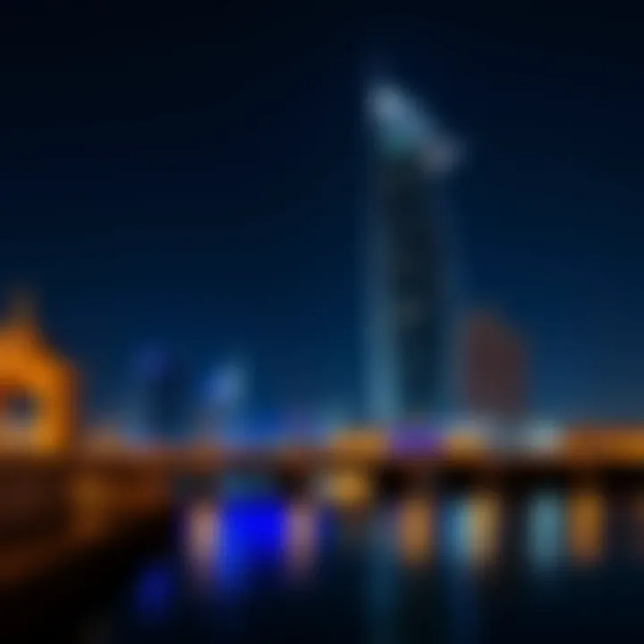 Night view of Canal Crown illuminated, emphasizing its prominence in the Dubai skyline.