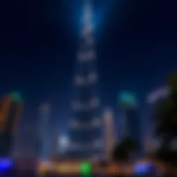 Illuminated Burj Khalifa at night showcasing a vibrant light display