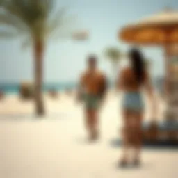 A scenic view of a Dubai beach with tourists wearing appropriate beach attire