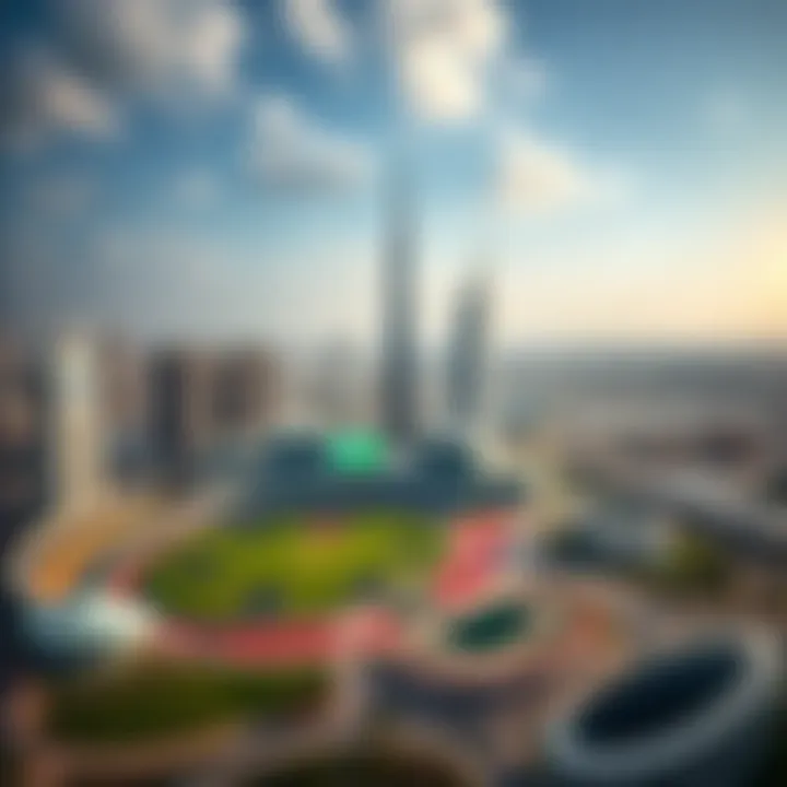 Expansive View of Dubai Sports City with Cricket Tower Panoramic view of Dubai Sports City