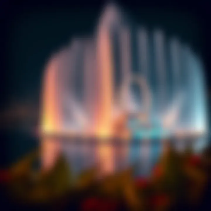 A stunning view of the Dubai Fountain illuminated at night