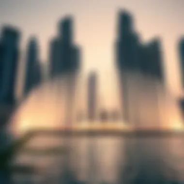 The Dubai Fountain performing against the backdrop of skyscrapers