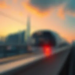 A modern Dubai Metro train in motion against a sunset skyline.