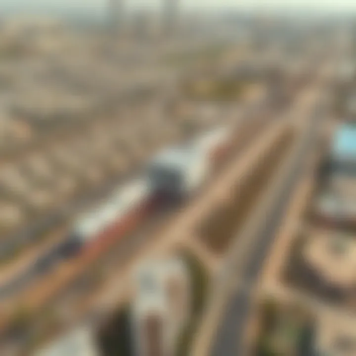 Aerial Perspective of Dubai Red Line Station and Surrounding Area Aerial view of a Dubai Red Line metro station with surrounding community and real estate