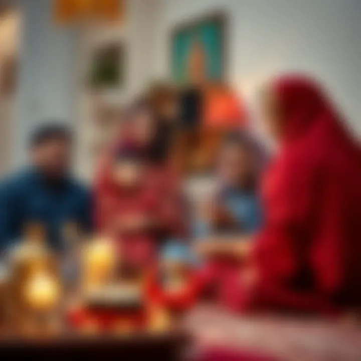 A family enjoying traditional Eid festivities in their home