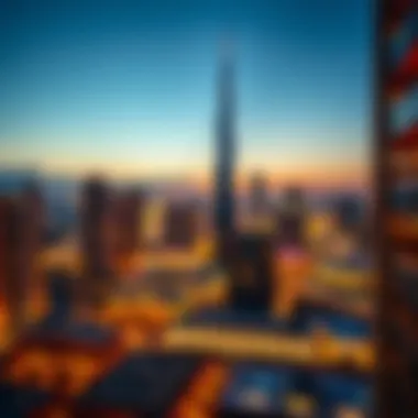 Dubai Skyline at Dusk A stunning view of the Dubai skyline at dusk, showcasing iconic skyscrapers and vibrant lights