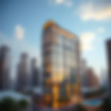 Architectural Brilliance of Azure Building A striking view of Azure Building showcasing its unique architectural design against the Dubai skyline