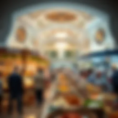 A bustling food court representing various global cuisines