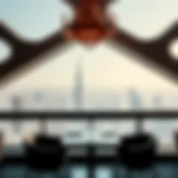 A stunning view of Dubai's skyline from the highest restaurant, showcasing luxurious ambiance and opulence.