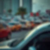 A panoramic view of a busy parking area in Dubai showcasing diverse vehicles