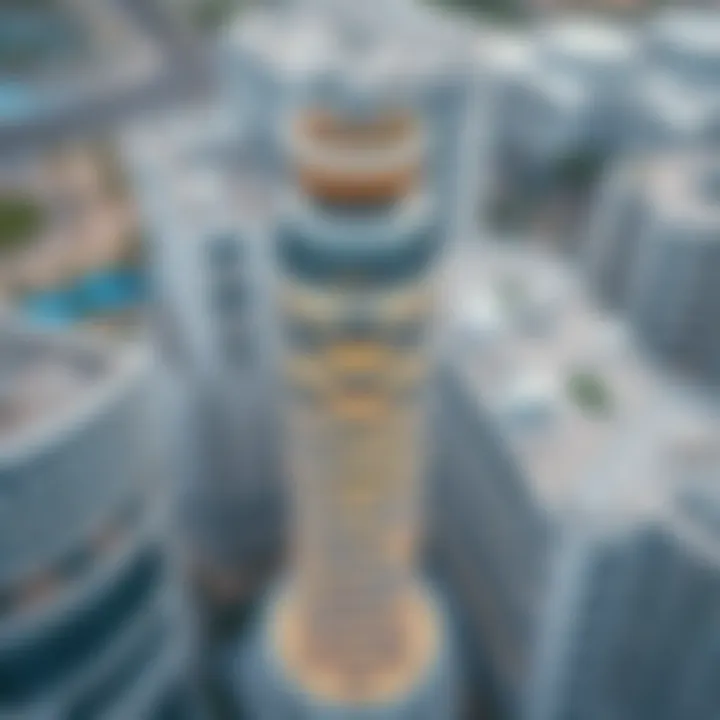 Aerial view of Solarium Tower showcasing its unique architectural design in Dubai Silicon Oasis