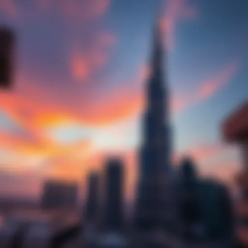 Stunning view of Burj Khalifa against a sunset sky