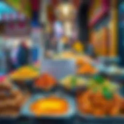 A vibrant array of Indian street food dishes displayed on a colorful market stall