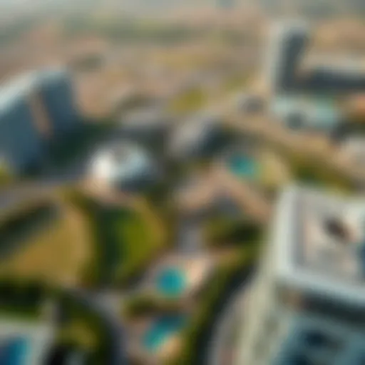 Aerial view of Motor City showcasing its lush green spaces and modern architecture