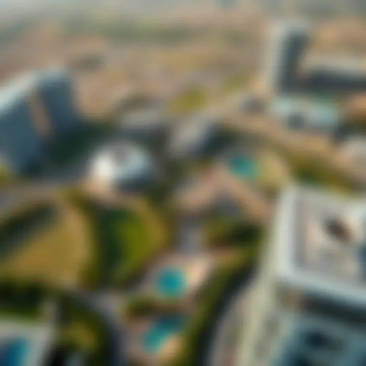 Aerial View of Motor City Aerial view of Motor City showcasing its lush green spaces and modern architecture