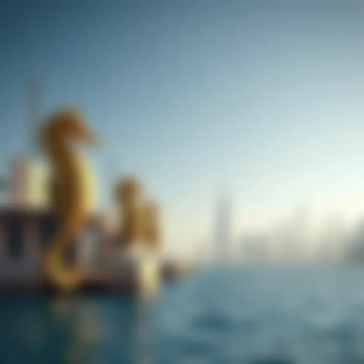 Floating Seahorse Villas with Dubai Skyline Exterior view of Floating Seahorse villas against the backdrop of Dubai's skyline