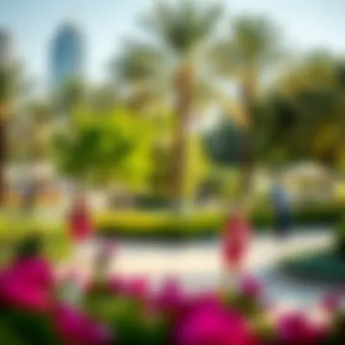 A vibrant park with lush greenery and families enjoying leisurely activities