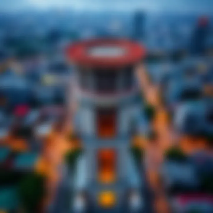 Aerial view of a city gate tower within a vibrant urban landscape
