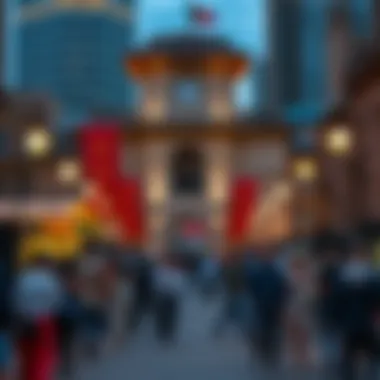 Cultural events held around a city gate tower in an urban setting