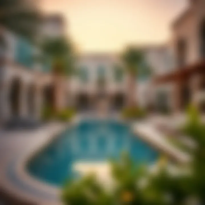 Beautiful outdoor amenities in a Dubai luxury community, including pool and gardens