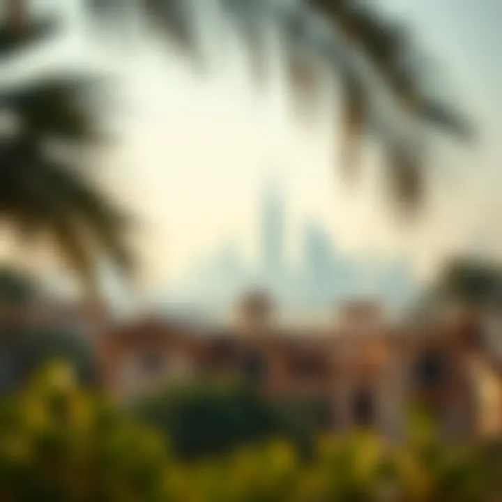 Heritage Villas Against Modern Dubai Skyline A panoramic view of Dubai's skyline juxtaposed with heritage villas