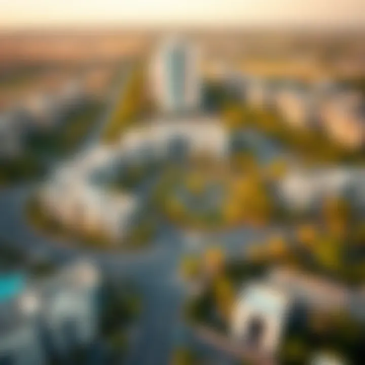 Aerial View of Jumeirah Village Circle Aerial view of Jumeirah Village Circle showcasing modern residential buildings and greenery.