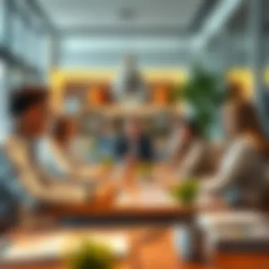 Real Estate Dynamics: Professionals at Work A bustling real estate office filled with professionals discussing properties