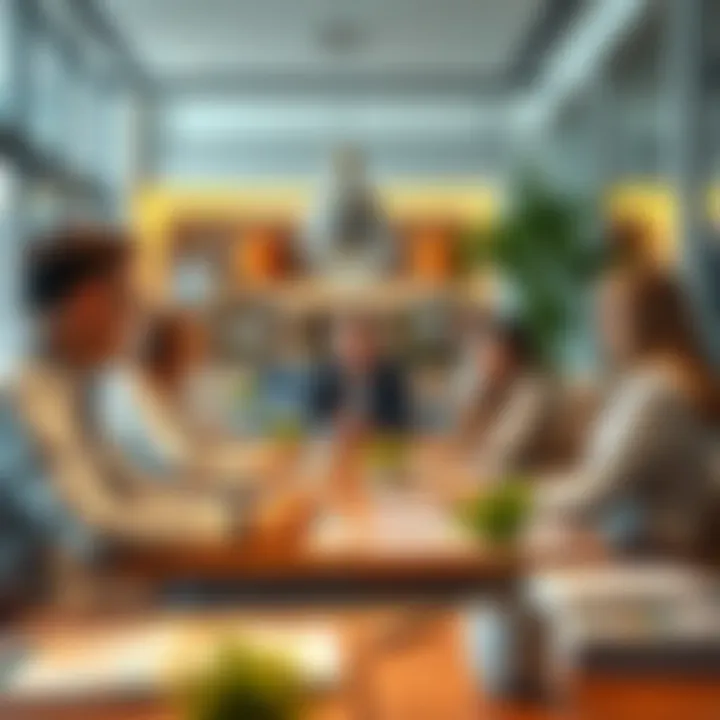 Real Estate Dynamics: Professionals at Work A bustling real estate office filled with professionals discussing properties