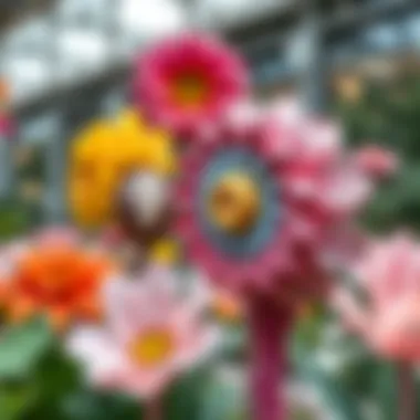 Floral Sculptures in the Wonder Garden Close-up of unique floral sculptures that define the artistic elements of the garden