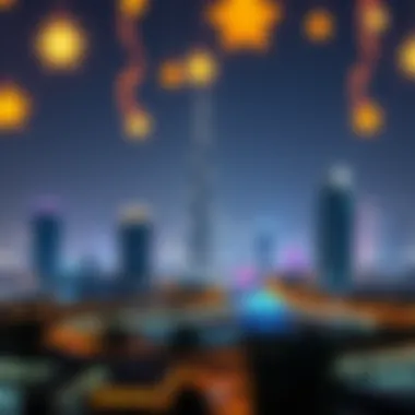 A scenic view of UAE skyline adorned with festive lights for public holidays.