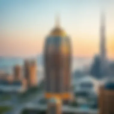 Iconic Structure Amidst Dubai's Dynamic Skyline Panoramic view of Dubai skyline with Saleh Bin Lahej Majan Building in focus