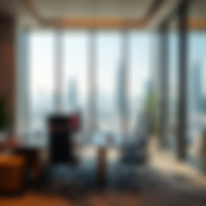 A modern office environment in the UAE with a view of the skyline