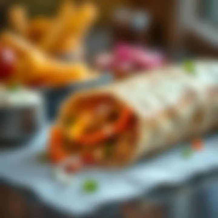 A close-up of a perfectly wrapped shawarma bursting with flavors