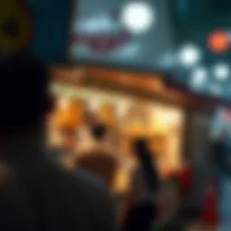 A vibrant shawarma stand bustling with activity
