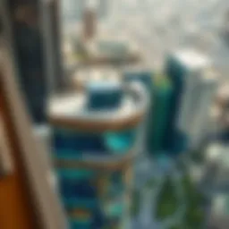 Aerial view of Downtown Dubai showcasing the skyline and Standard Chartered branch