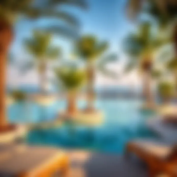 A serene poolside view surrounded by lush palm trees at the resort