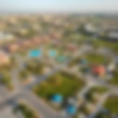 An aerial shot of the community amenities in Nad Al Hamar, highlighting parks and recreational areas