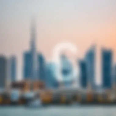 Dubai Skyline with Currency Symbols The iconic skyline of Dubai with currency symbols overlay